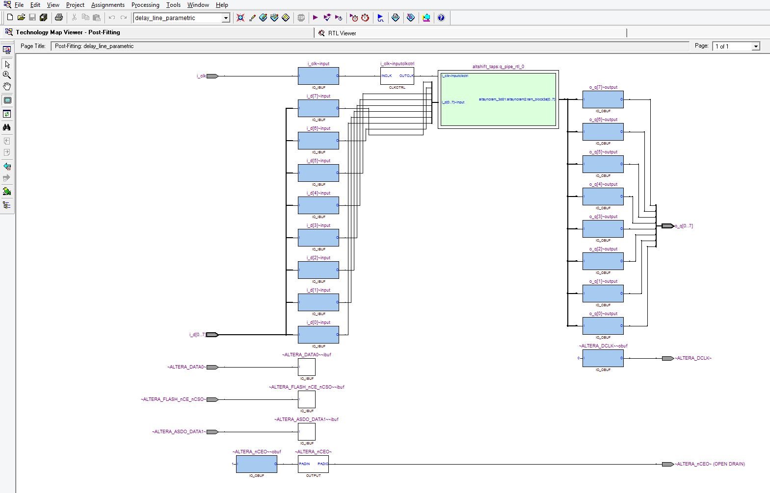 Quartus II MAP Viewer for Delay Line implementation in Cyclone III FPGA
