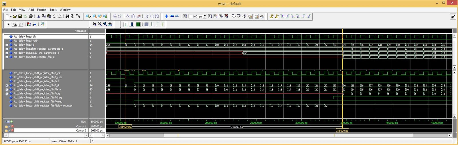 Figure 4 - Simulation result of different VHDL implementations of Shift Register